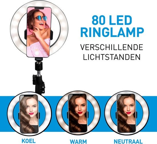 Grundig Ringlamp met Statief en Telefoonhouder - Verstelbaar tot 210cm - Geschikt voor TikTok en YouTube - 3 Lichtstanden