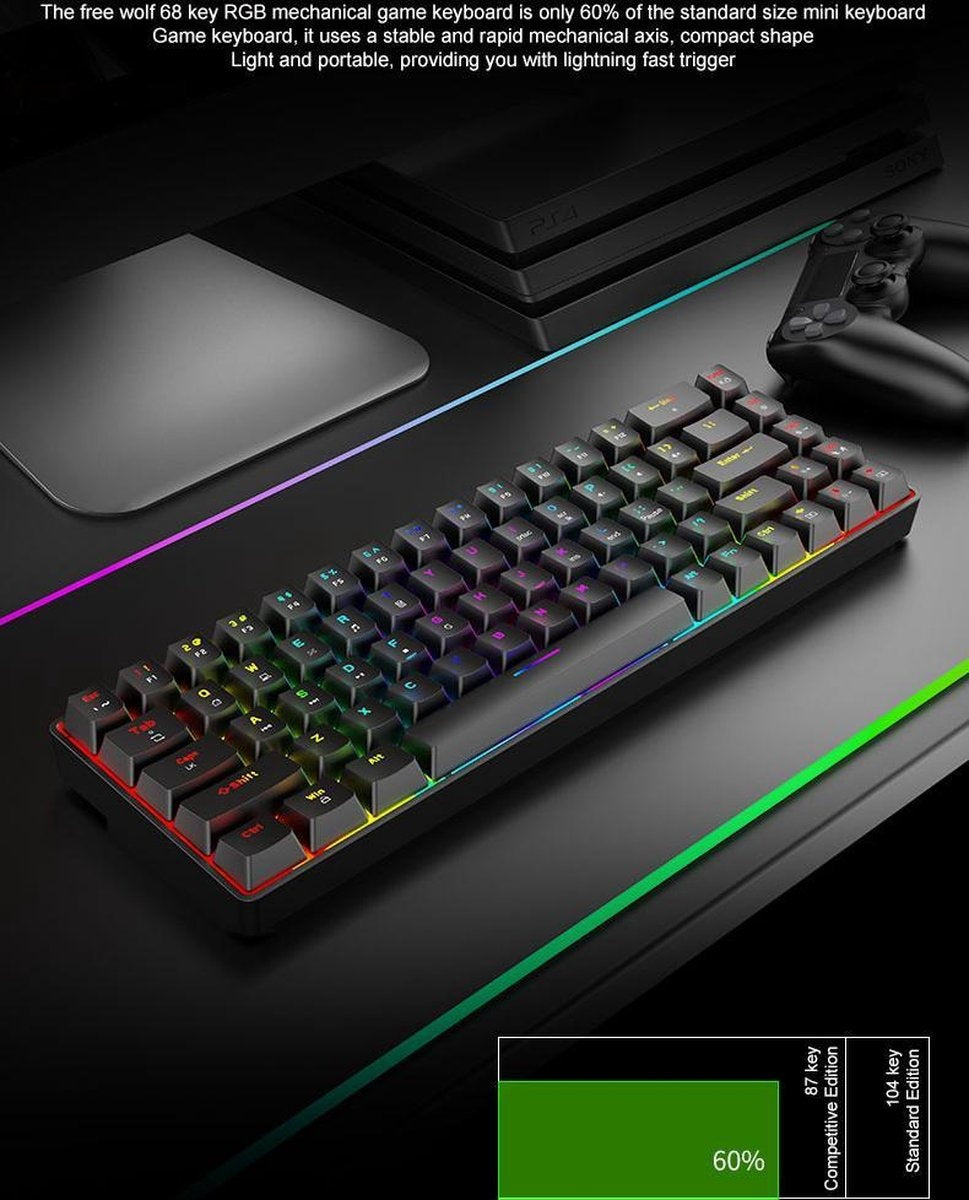 T8 RGB Mechanisch 68Keys gaming toetsenbord - Windows/Mac game toetsenbord - Brown Switch - QWERTY - Mechanical Keyboard - Zwart
