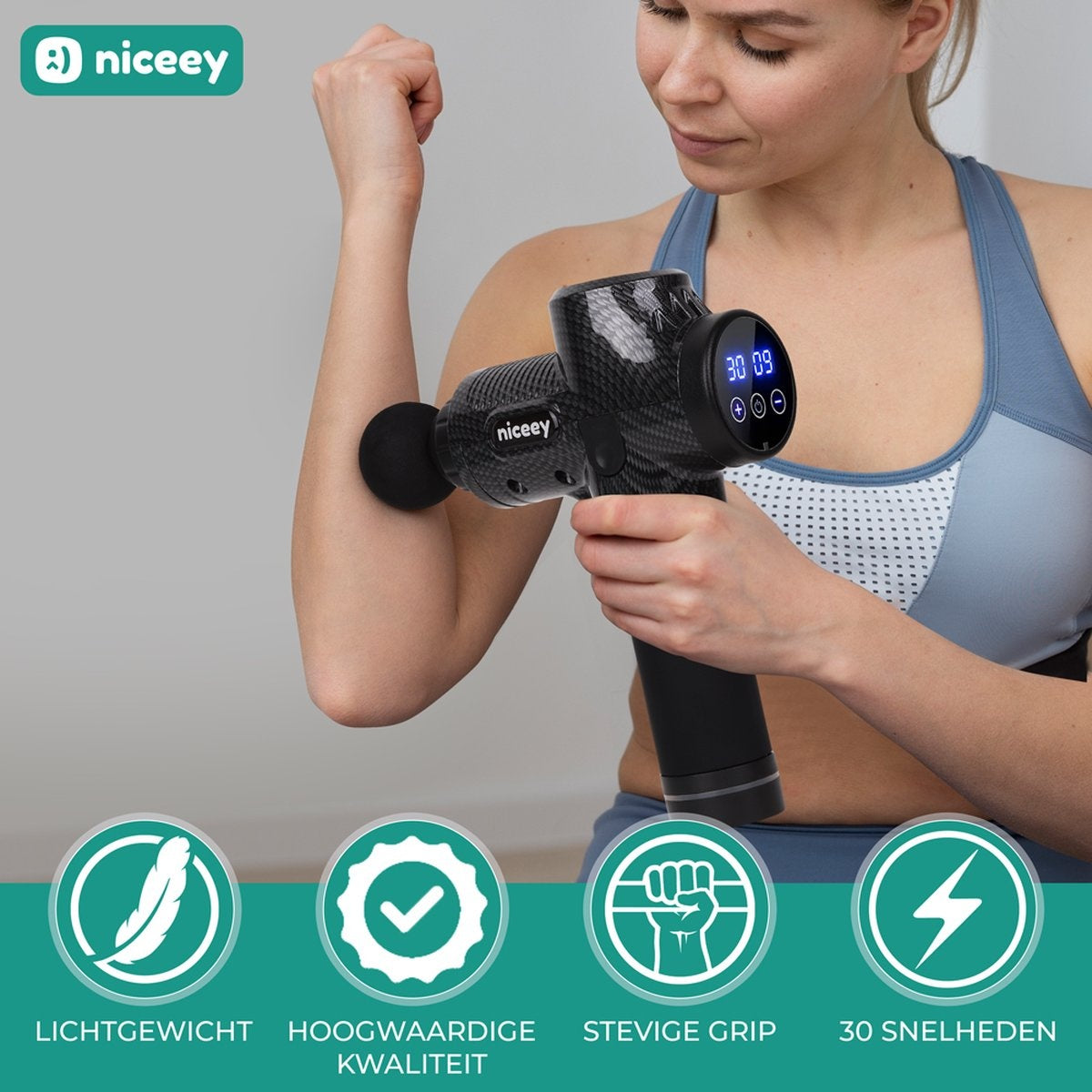 Niceey Massage Gun Pro - 30 Standen Draadloos - 6 Opzetstukken - Massage Apparaat Professioneel - Sport En Relax Massageapparaat - Fitness Spier Massage - Met Koffer - Zwart