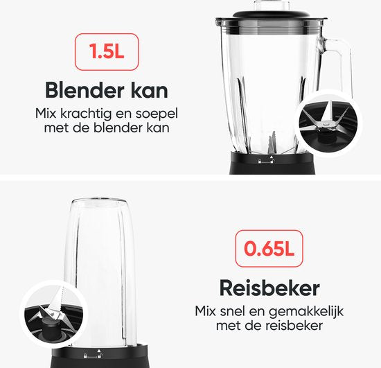 Kitchenwell Blender - Krachtige 1300 Watt Smoothieblender - 1.75 Liter - Glazen Kan - 3 Standen - Inclusief Sportbeker - RVS/Zwart