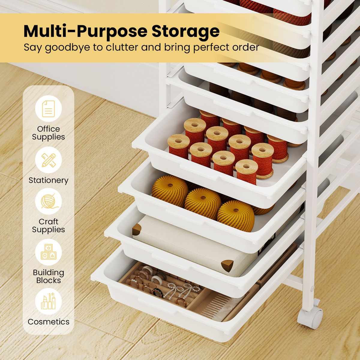 Coast Rolcontainer met 10 lades - stabiel metalen frame - houten blad - wit - 37 x 32,5 x 85 cm