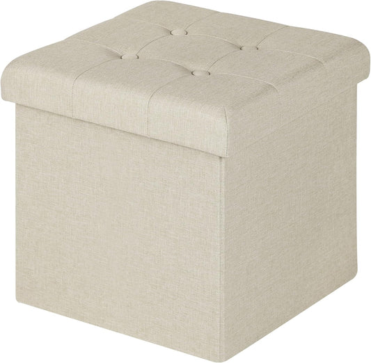 Woltu Opvouwbare Opbergpoef met Deksel - Gebroken Wit Linnen - 37,5 x 37,5 x 38 cm - Opbergkruk & Voetenbank 35L