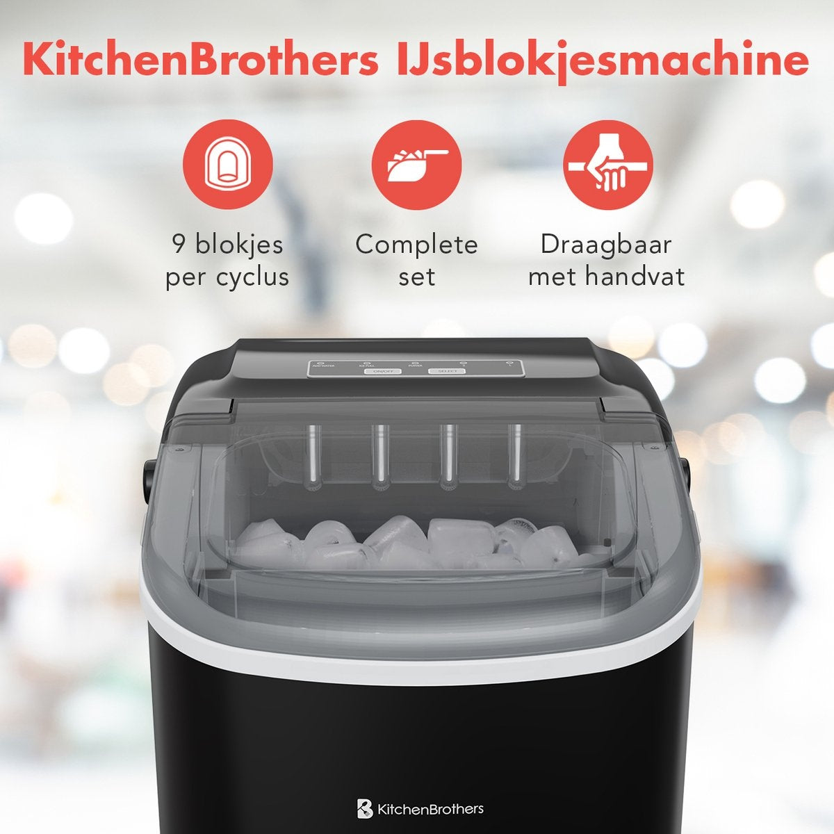 KitchenBrothers IJsblokjesmachine –  Zelfreinigingsfunctie - 1,2 L – 100 W – 22,2 x 29,4 x 29 cm – Zwart