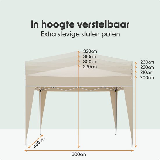 LifeGoods Partytent Plus - Opvouwbare tent - Paviljoen - 3x3 m - Easy Up - Versterkt Frame - Waterdicht - Draagtas - Beige