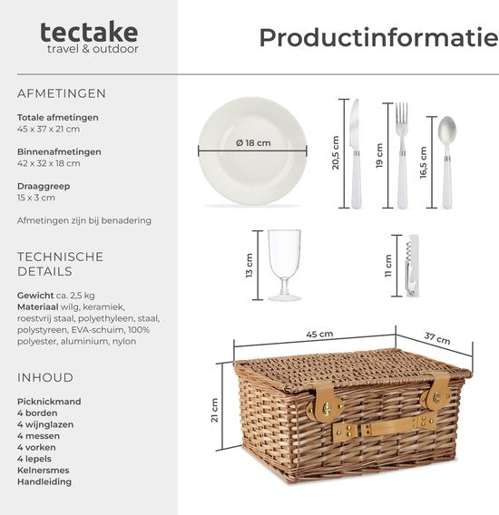 tectake® Picknickmand Set Terschelling – 21-delig – Luxe Picknickset 2 Pers. – Inclusief Koelvak & Bestek