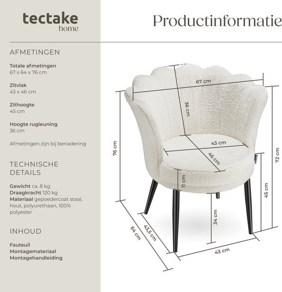 tectake® Fauteuil Stella - Kuipstoel met armleuning – Comfortabele Eetkamerstoel – Keukenstoel – Dikke vulling – Voor woonkamer en eetkamer – Met imitatiebont bekleding - crème/zwart