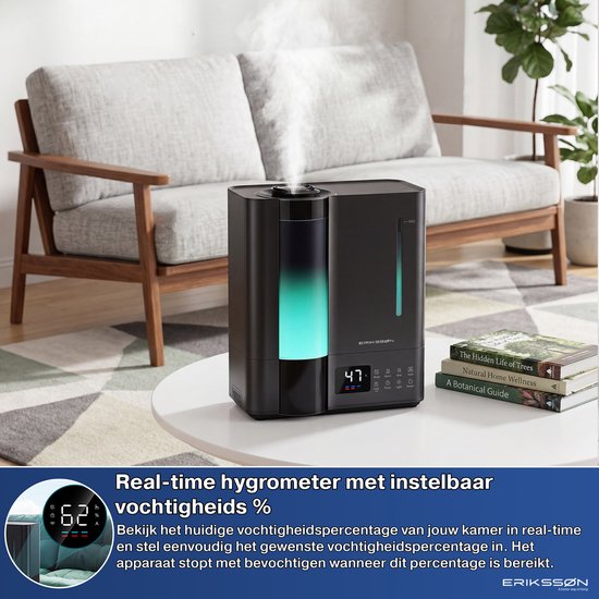 Erikssøn Luchtbevochtiger Elite - 8 Liter - Geschikt voor Woonkamer, Kantoor, Slaapkamer, Babykamer - Humidifier - Met Aromatherapie - Zwart