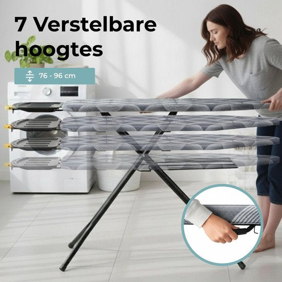 STAUS&BACH Ironiq Pro - Strijkplank voor Stoomgenerator - Inclusief mouwplankje en opvouwrek - 76 - 96 cm in hoogte verstelbaar - Met stoomunithouder stoomstrijkijzer - 122 x 43,5 cm
