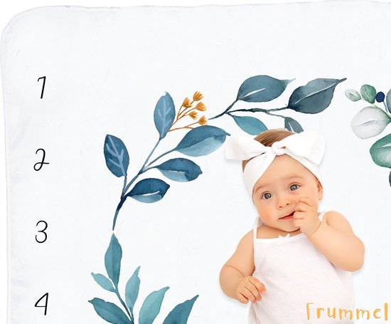Frummel Mijlpaaldeken ‘Leaves’ – Milestone deken – Mijlpaal baby – Kraamcadeau Jongen – Kraamcadeau Meisje – Baby Shower Cadeau – Baby Cadeau – Mijlpaaldeken in het Nederlands – Moederdag cadeau - 115 x 115 cm
