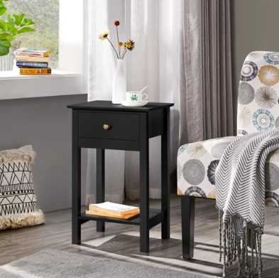 Yaheetech Nachtkastje - Zwart - 40 x 30 x 61 cm - Met Lade en Plank - Scandinavisch Design