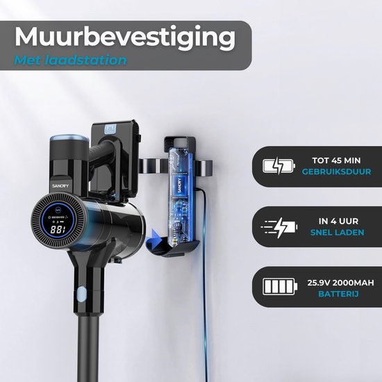 Sanovy Turbo Flex X28 Steelstofzuiger Draadloos - Zonder Zak - Op Accu - 350W - 28Kpa - Met Opzetstukken - Draadloze Stofzuiger Zonder Zak