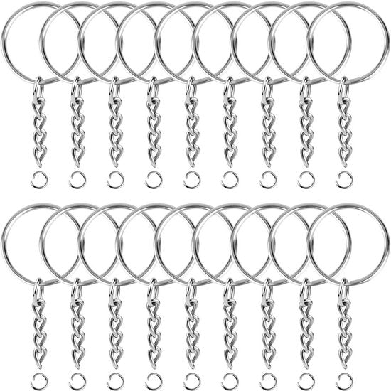 Sleutelringen met Ketting - 50 RVS Sleutelhanger Split Ringen - Sleutel Hanger Splitringen Set - 25 mm - 50 Stuks