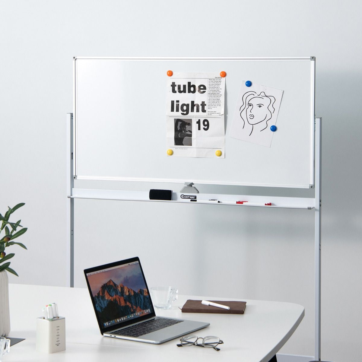 Coast Dubbel -zijdige magnetisch mobiel whiteboard verstelbaar droog dipable paneel op wielen wit
