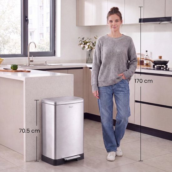 Bayt Prullenbak - Prullenbak 60 Liter - Pedaalemmer 60 liter - Vuilnisbak 60 liter - Afvalbak - RVS - Zilver