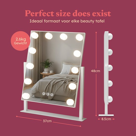 Fraay® Hollywood Spiegel met Verlichting 41x30cm - 3 Lichtstanden - Make Up Spiegel met 10x Vergrootspiegel - LED Verlichting Dimbaar - Incl. Beauty Blenders en Powder puff