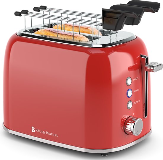 KitchenBrothers Broodrooster met Tostiklemmen - Toaster - 6 Warmteniveaus - Brede Sleuven - Broodrooster - 870W - Rood