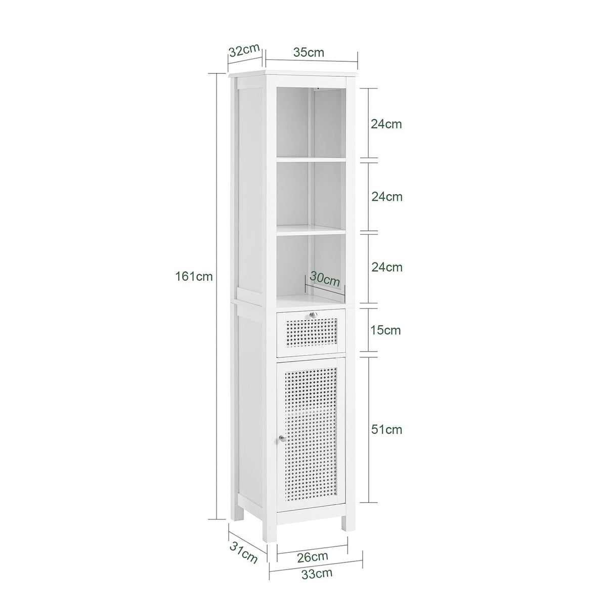SoBuy Kast - Hoge kast - 1 lade - 3 planken - 35 x 32 x 161 cm - Wit