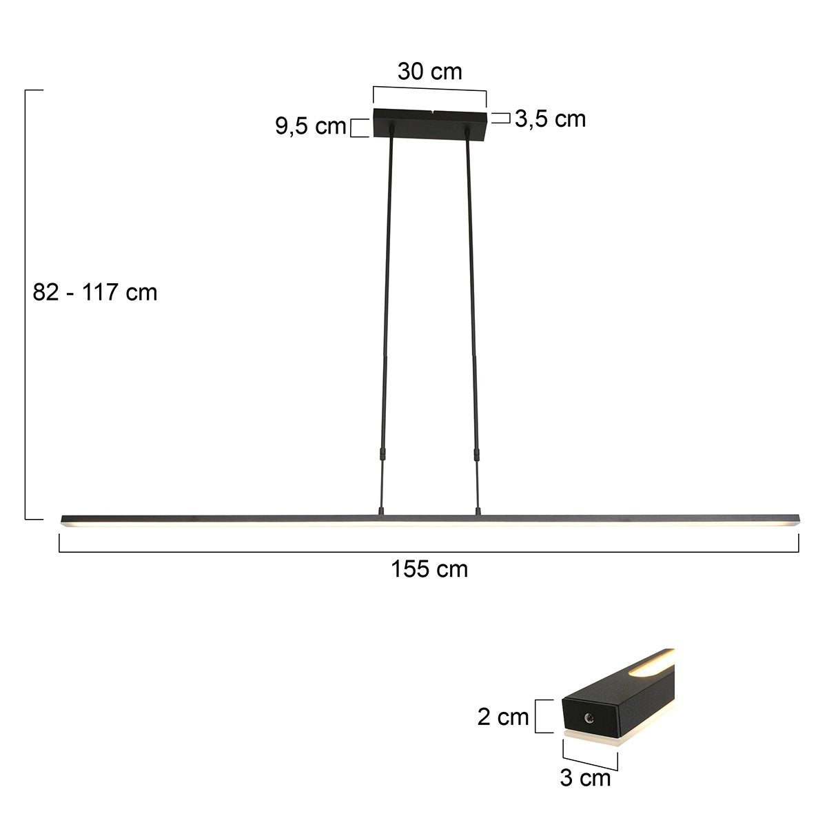 Verstelbare hanglamp Zelena – 2-lichts – Kunststof / Metaal – 155 cm – In hoogte verstelbaar tot 117 cm – Modern design – Zwart