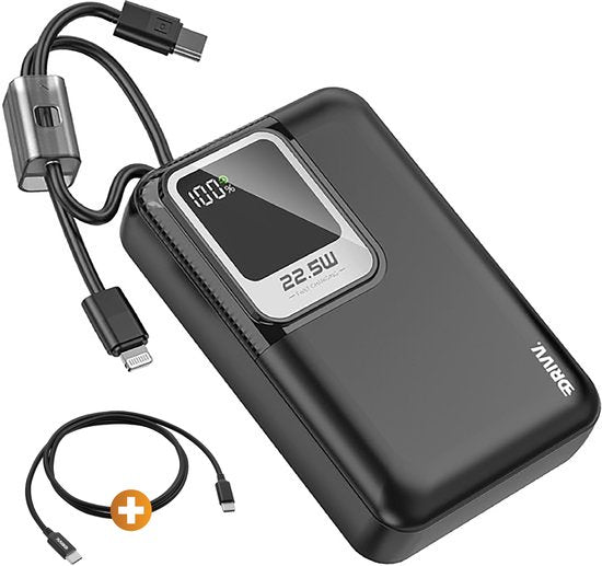 Drivv. Powerbank 20.000 mAh - Met Ingebouwde 8 pin & USB C Kabel - Inclusief 60W Oplaadkabel - 22.5W Snellaadfunctie - USB / USB C - Noodpakket