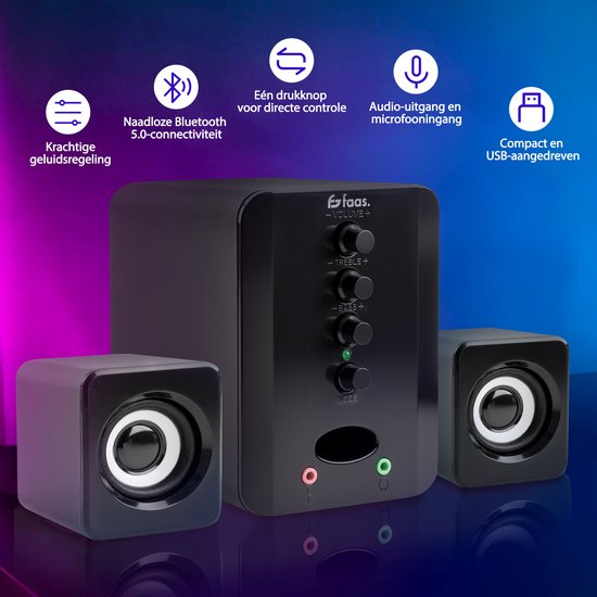 Faas - PC Speakers 2.1 - Bluetooth 5.0 - Ingebouwde Microfoon - USB-C & USB-A Aansluiting - Stereo Speaker Set - Zwart
