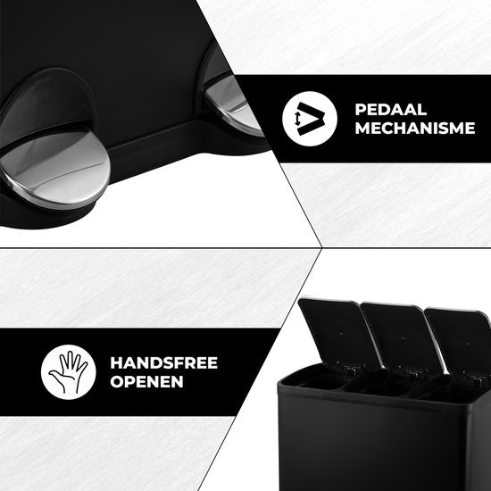 Bayt Prullenbak - Prullenbak 60 Liter - Vuilnisbak 60 liter - Pedaalemmer 60 Liter - Prullenbak 3 vakken - Prullenbak Afvalscheiding - 3x 20 liter - RVS - Zwart