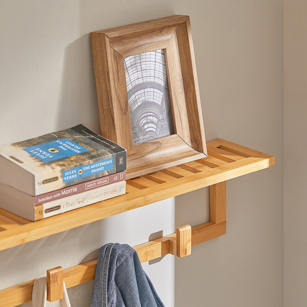 SoBuy FHK06-N Kapstok met Wandplank - 6 Haken - 90x12,5x16,5 cm - Bamboe