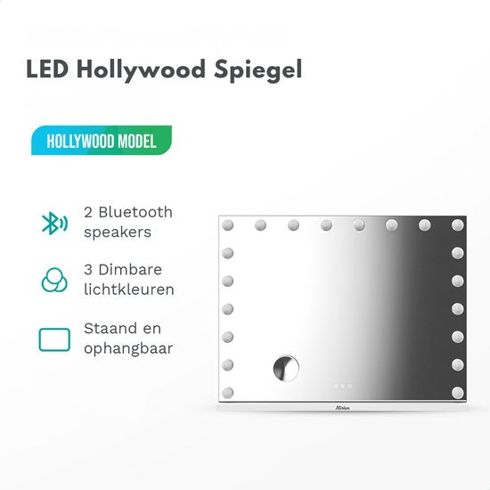 Mirlux Grote Hollywood Spiegel 80x60CM - 2 Bluetooth Speakers - USB & USB-C Oplaadporten - LED Verlichting - Make Up Spiegel - 10x Zoom - Ophangbaar - Wit