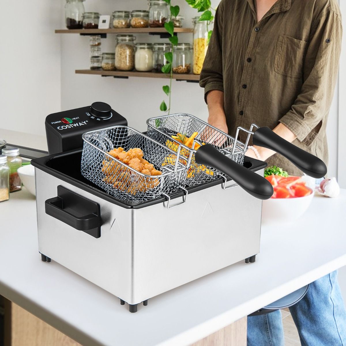 Coast Elektrische Friteuse - 5 liter - 3 frituurmanden - instelbare temperatuur - zilver en zwart