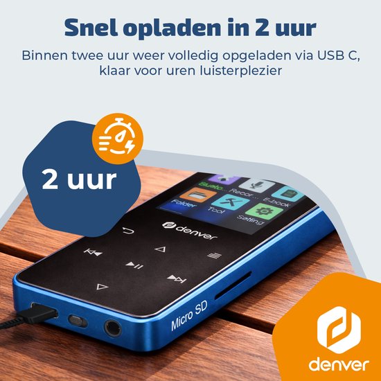 Denver MP3/MP4 Speler - Bluetooth - Shuffle/Herhaal - SD kaart tot 128GB - Incl. oordopjes - Dictafoon - MP1830BU - Blauw