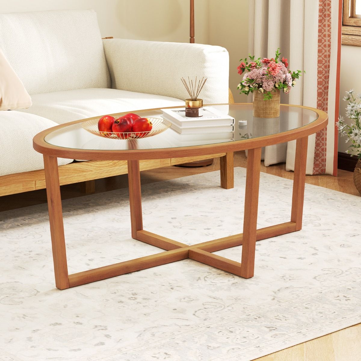 Coast salontafel - ovaal gehard glas - kruisvoet acaciahout - bruin - 118 x 71,5 x 47,5 cm