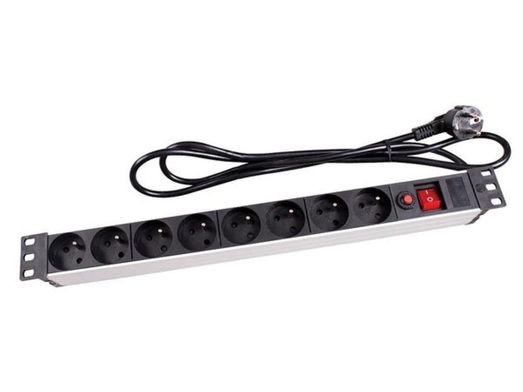 Perel PDU-Stekkerdoos met schakelaar, overbelastingsbeveiliging, 8 stopcontacten met penaarde (type E), kabel 2.15 m, 3G1.5, voor binnen, zwart/rood
