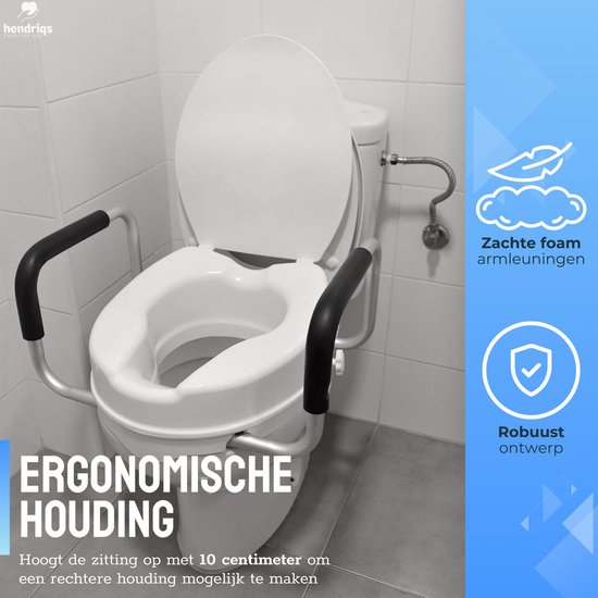 Hendriqs® WC Verhoger 10 cm met Armsteunen & Deksel - Toiletverhoger met Armleuning - Verhoogde WC Bril - Verhoger Volwassenen & Senioren - Toiletstoel in Hoogte Verstelbaar - WC Verhoging - Toiletbril Verhoger