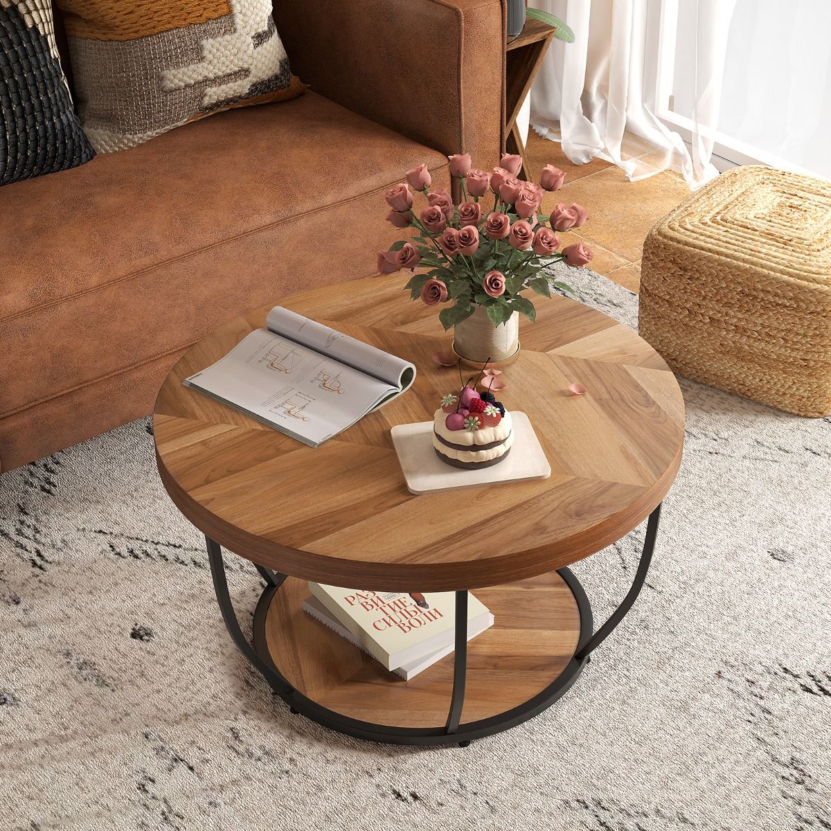 Coast Ronde Salontafel - 2 Lagen - Metalen Frame - Bruin - 80 cm