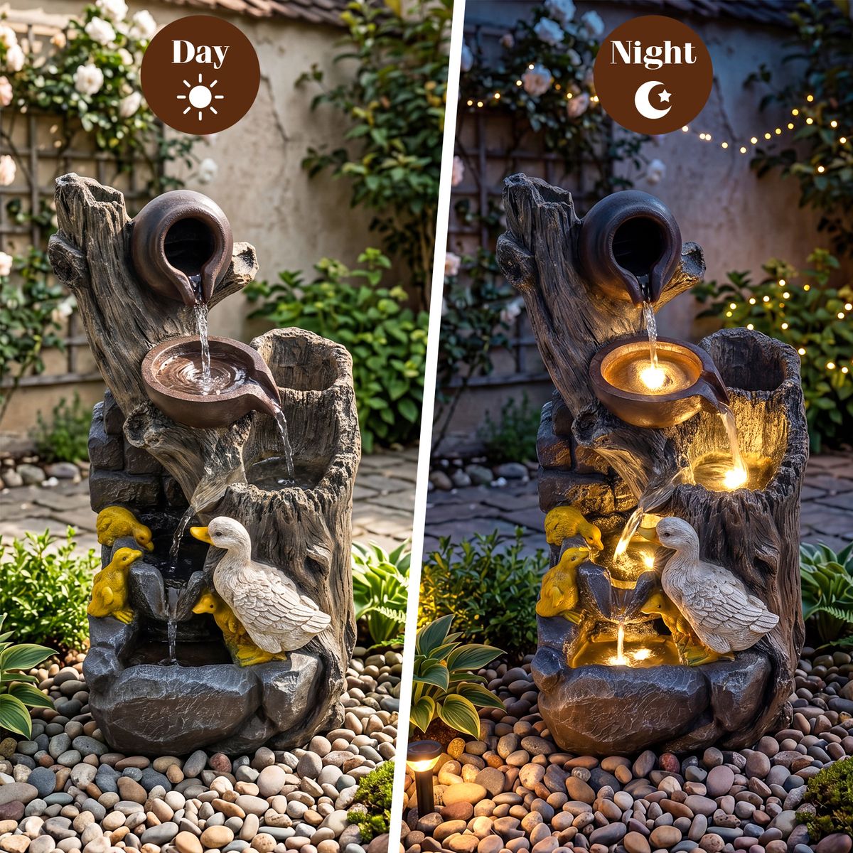 Coast Tuinfontein met eendenfamilie - 4-traps waterval - LED-verlichting - grijs - 30 x 27 x 57 cm