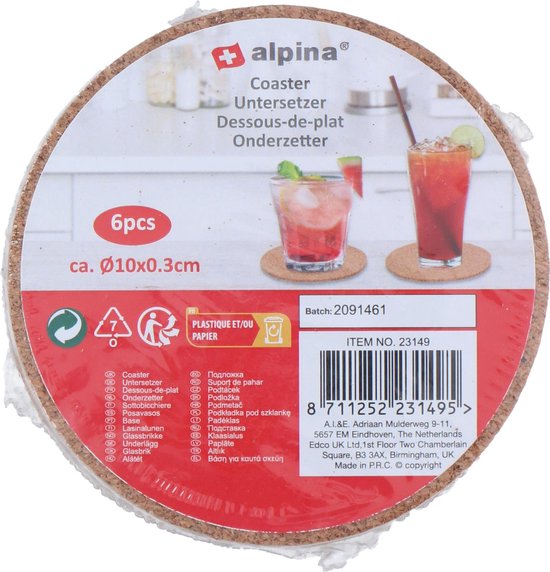 Alpina onderzetters kurk 6 st. Ø10cm