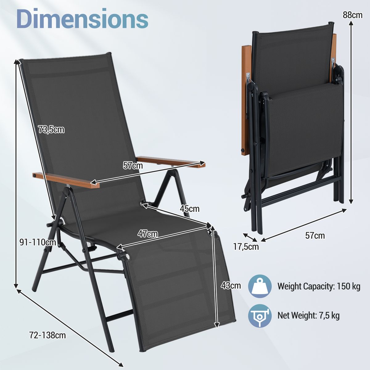 Coast Opvouwbare Ligstoel Set van 2 - Verstelbare rugleuning - Armleuningen - Zwart