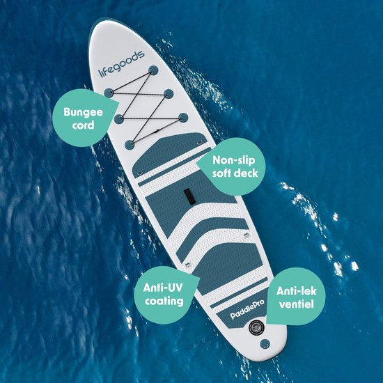 LifeGoods PaddlePro SUP Board - met Zitje - Opblaasbaar Paddle Board - Complete Set - Max. 135KG - 320x81cm - Wit/Deep Aqua