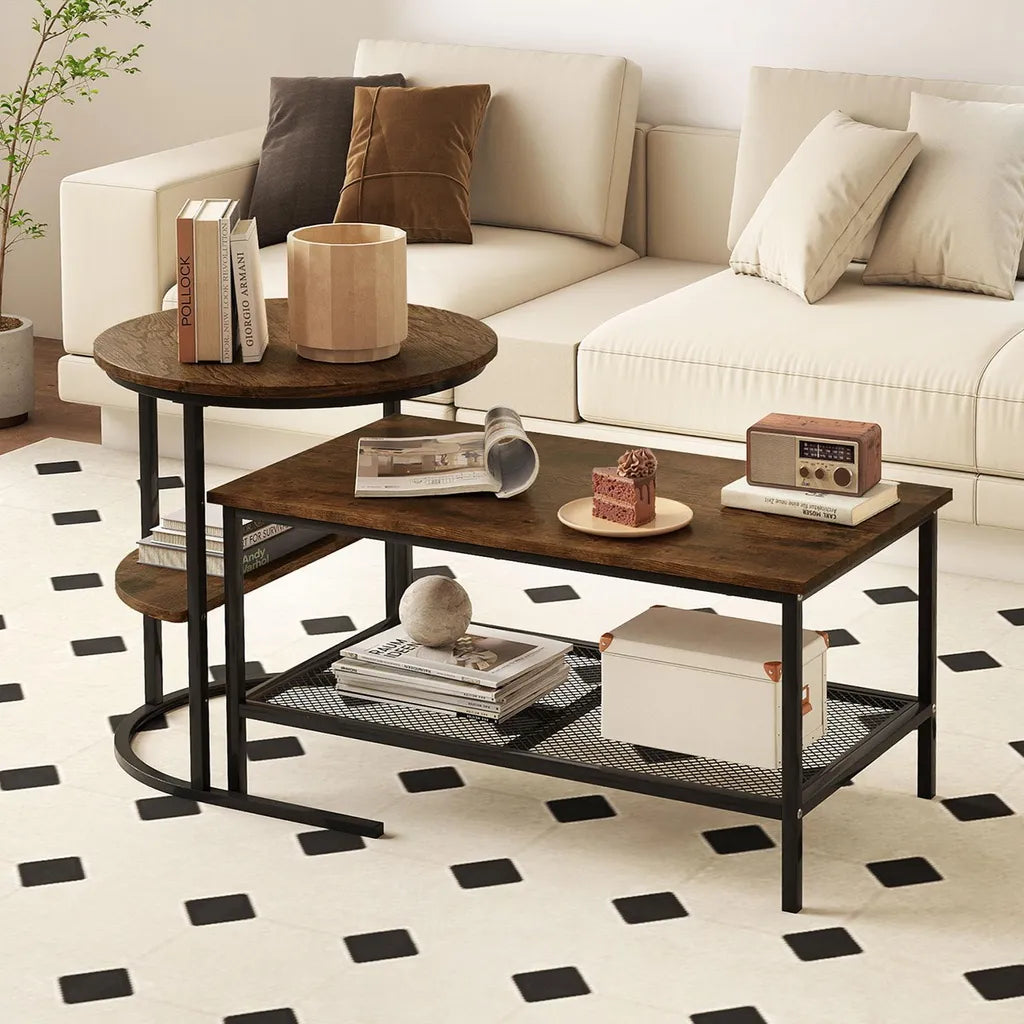 Coast Salontafel Set van 2 – Ovale en Ronde Bijzettafel met Metalen Frame – Bruin