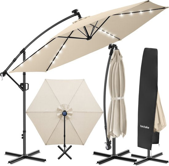 tectake® Zweefparasol met Voet - 3,5 x 3,5 m - Tuinparasol met LED-Verlichting op Zonne-Energie - Draaibaar - Waterafstotend Polyester met UV-Bescherming - Inclusief Hoes - Beige