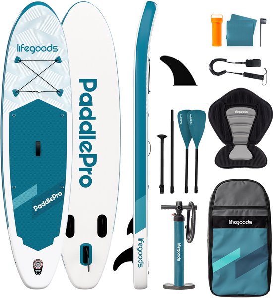 LifeGoods SUP Board Allround Compact - Met Zitje - 120 KG Draagkracht - 300 x 76 cm - Opblaasbaar - Compleet SUP pakket - Deep Aqua