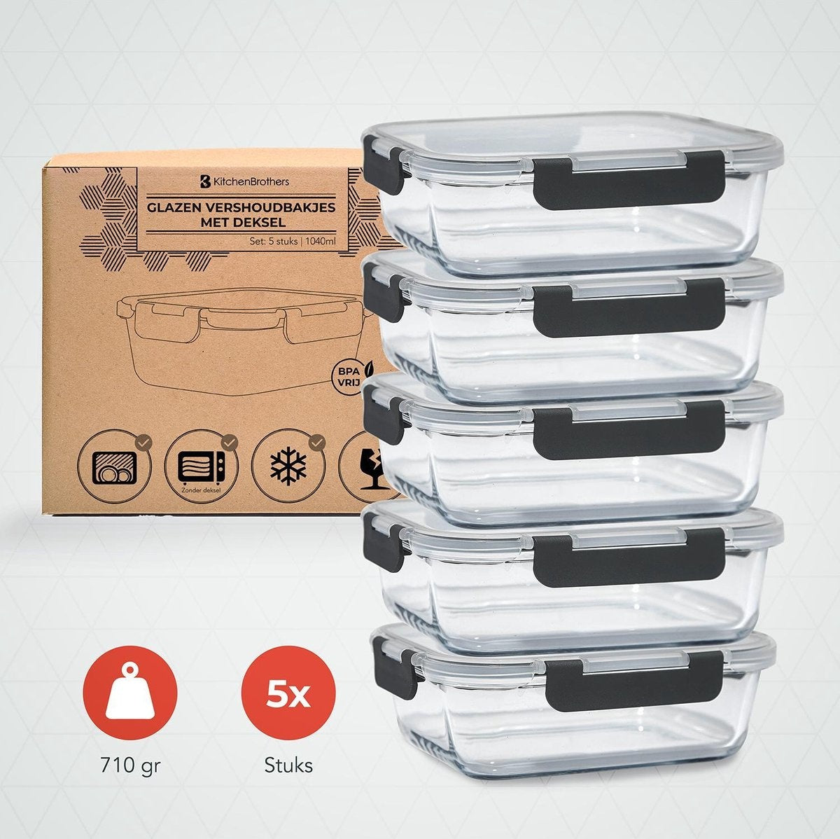 KitchenBrothers Meal Prep Bakjes - Vershoudbakjes Set - Luchtdicht - BPA Vrij - 1L - Glas - 5 Stuks