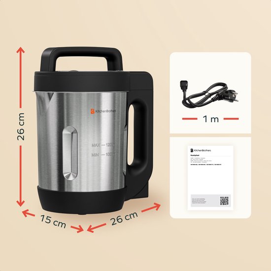 KitchenBrothers Soepmaker - 1.2L - 5 Programma's - Timer Display - Blender - RVS/Zwart