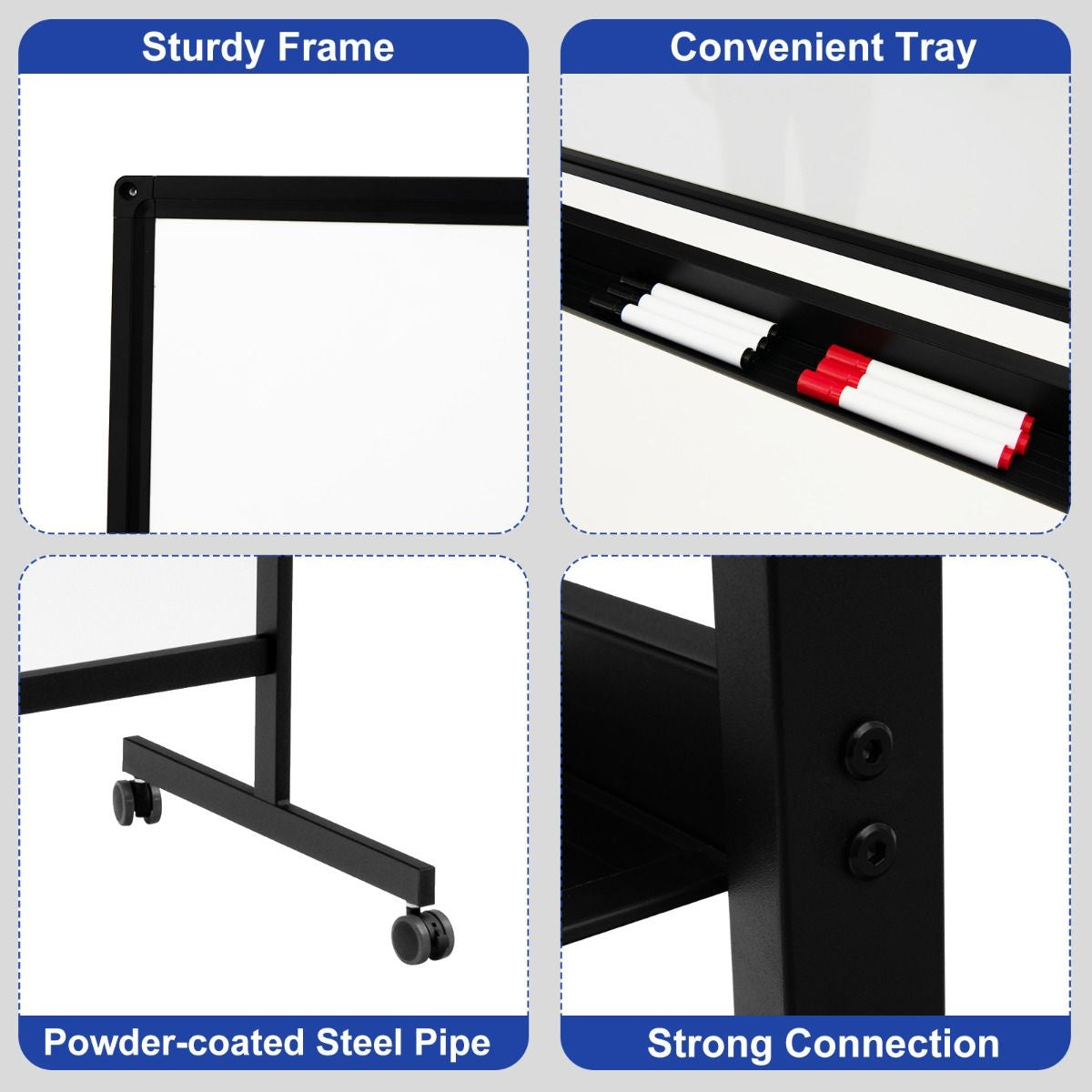 Coast Dubbele -zijdige magnetisch mobiel whiteboard mobiel rollend wit wandpaneel voor kantoorzwart