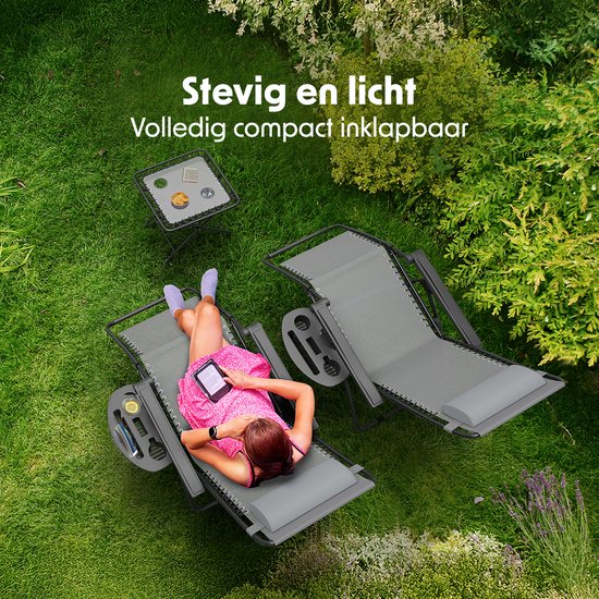 LifeGoods Ligstoelen - Opvouwbaar - Complete set - Met Bijzettafel - 30°-90° Verstelbaar - Tuinstoelen - Metaal - Grijs