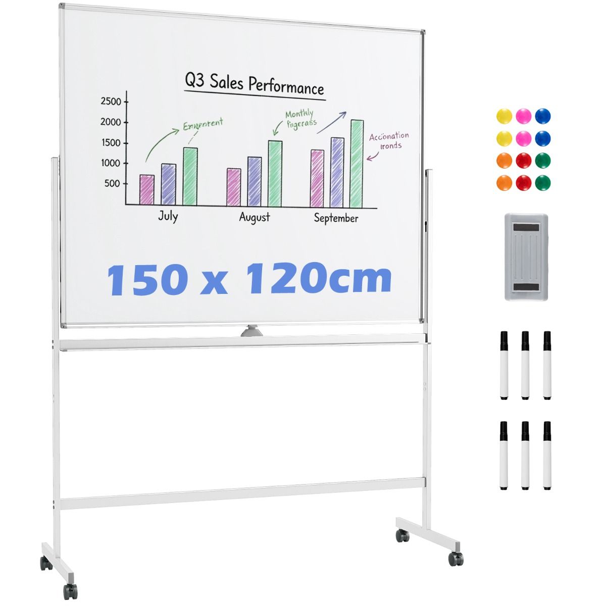 Coast Mobiel Whiteboard - Dubbelzijdig magnetisch bord - Verstelbare hoogte - Met wieltjes - Wit 150 x 120 cm