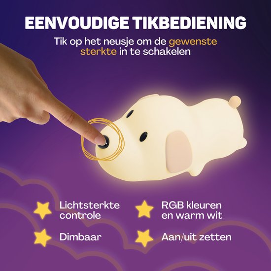 Vulpes Goods® Nachtlampje Kinderen - LED Licht & 8 Kleuren – Nachtlampje Babykamer – Puppy – USB-Oplaadbaar – Dimmer – Timer – Draadloos - Kindvriendelijk