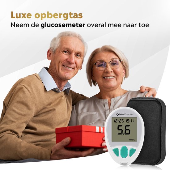 MostEssential Premium Glucosemeter Startpakket - Bloedsuikermeter - Bloedglucosemeter - Diabetes Meter - Alles in één set - Inclusief Opbergtas, Prikpen, 10 Teststrips & 10 Lancetten