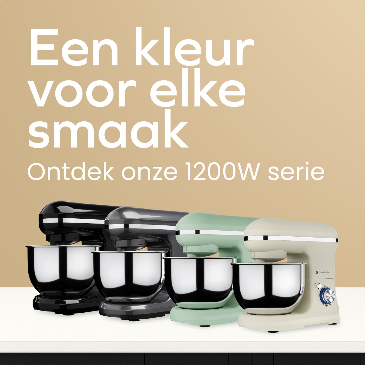 KitchenBrothers Keukenmachine – 1200W – 5L Mengkom – 6 Snelheden + Pulse – Keukenrobot met Kneedhaak, Garde & Menghaak – Champagne