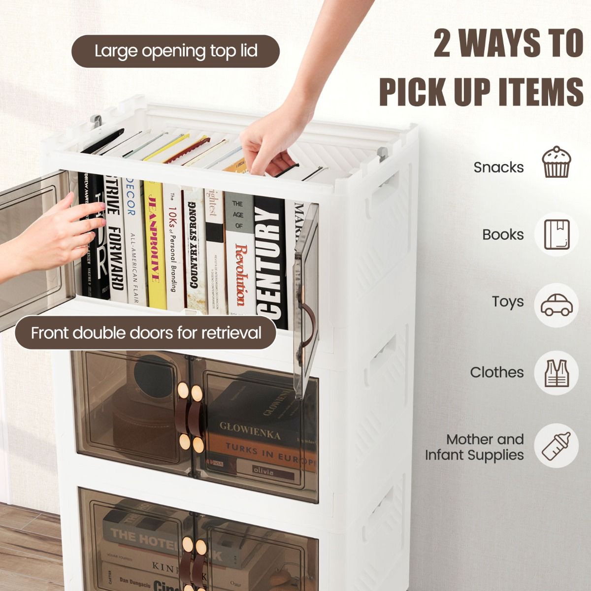 Coast Opbergkast - 4 Opvouwbare en Stapelbare Bakken - 49.5 x 31.5 x 112.5 cm - Wit met Bruin