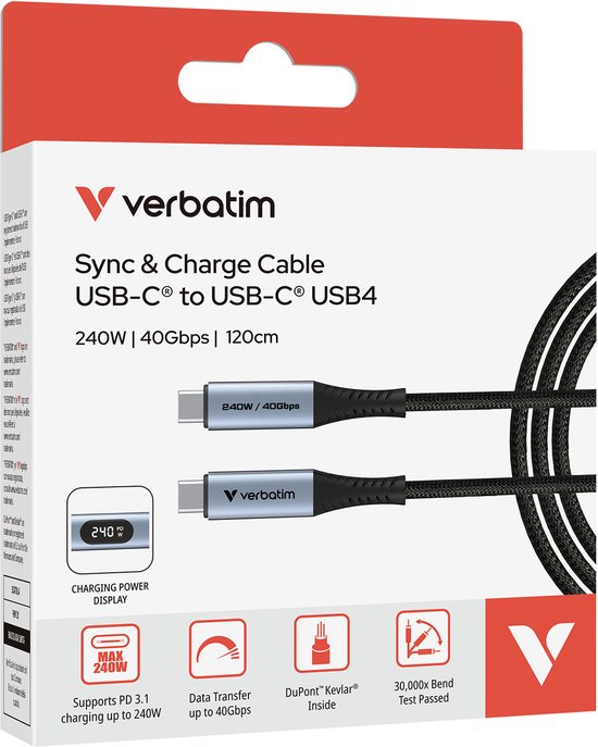 Verbatim Sync & Charge Kabel Usb-C Naar Usb-C 40Gb/S 240W Voor Telefoons